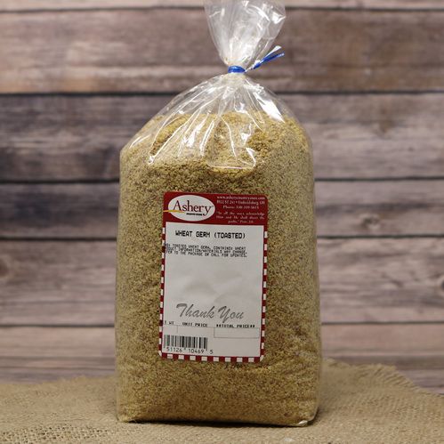 A bag of Wheat Germ Toasted, sealed with a twist tie, on rustic burlap with a wooden background.