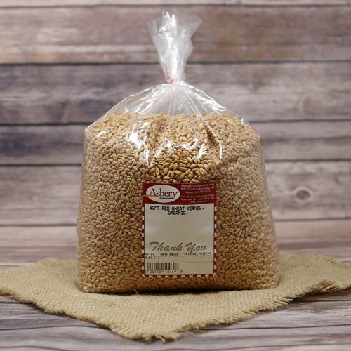 A bag of Soft Red Wheat Kernels Organic, sealed with a twist tie, on rustic burlap with a wooden background.