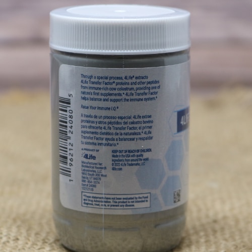 Side of a bottle of 4Life Transfer Factor Classic dietary supplement showing additional product information.