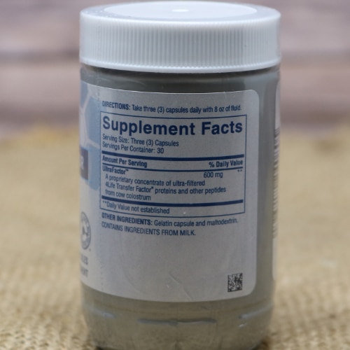 Back of a bottle of 4Life Transfer Factor Classic dietary supplement showing supplement facts and directions.