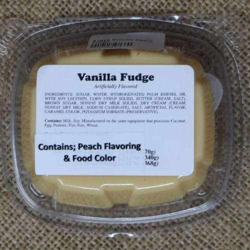 Label for Amish Country Vanilla Fudge showing ingredients and allergen information, with an additional note about peach flavoring.