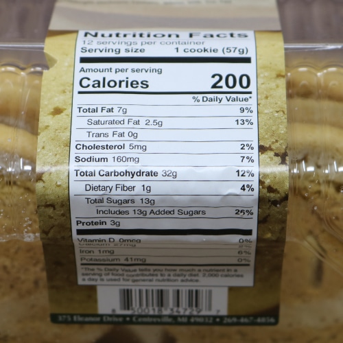 Nutrition facts label for Yoder's Baking Company Ma's Sugar Cookie.